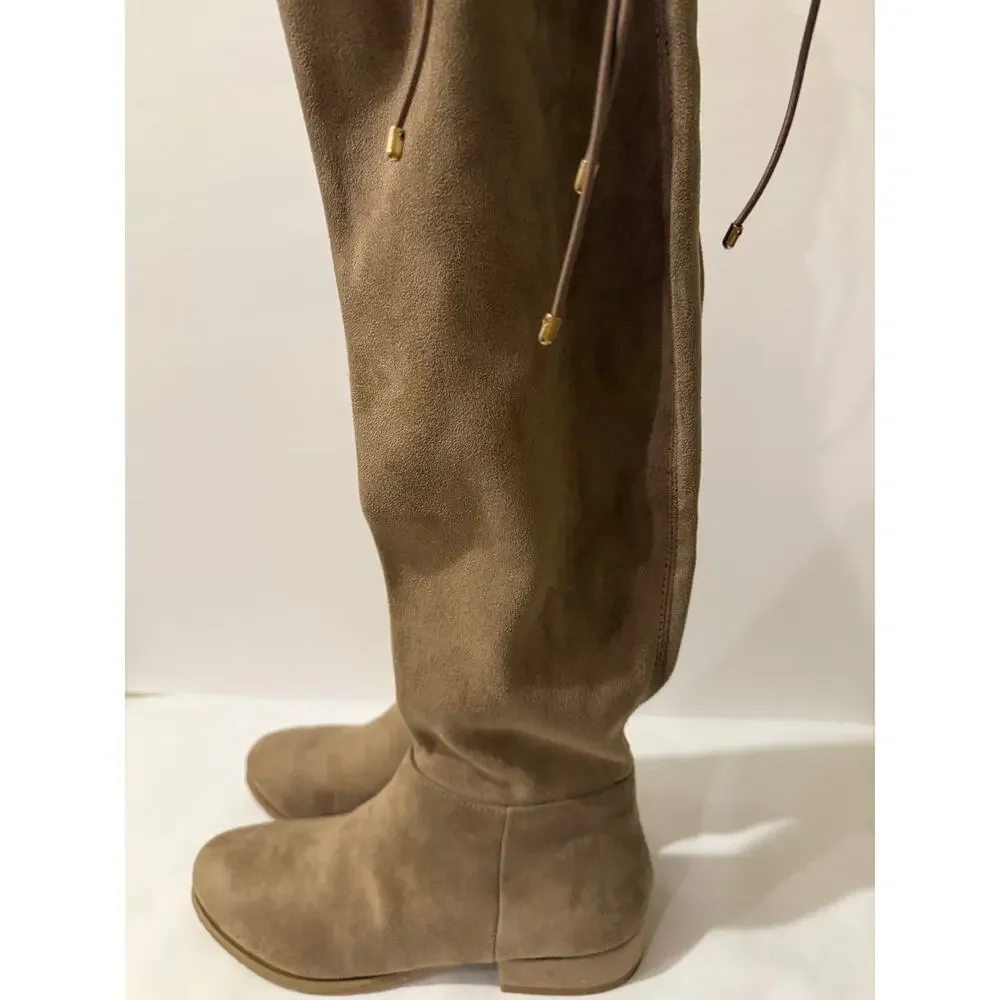 Chinese Laundry King Tan Taupe Suede Over The Knee OTK Tie Top Boots 6.5 NWOB